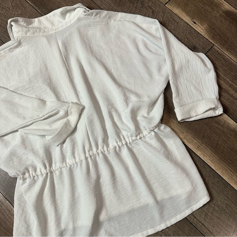 Studio 1886 3/4 Sleeve Cinch Waist Button Down Top