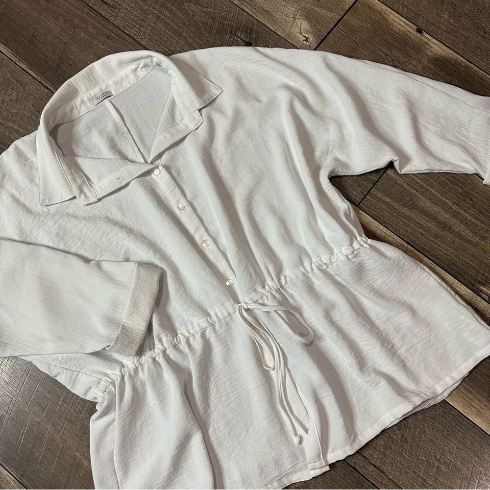 Studio 1886 3/4 Sleeve Cinch Waist Button Down Top