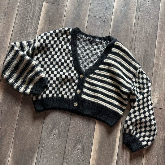 Blu Pepper Multi Pattern Chunky Crop Button Down Sweater