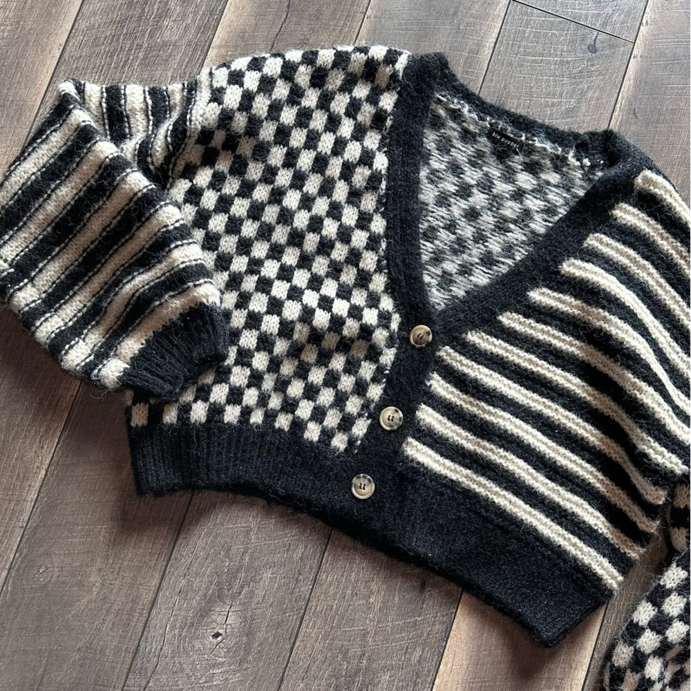 Blu Pepper Multi Pattern Chunky Crop Button Down Sweater