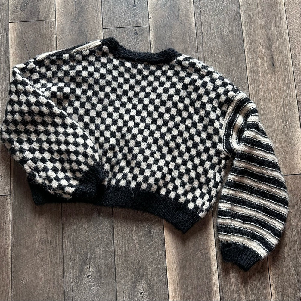 Blu Pepper Multi Pattern Chunky Crop Button Down Sweater