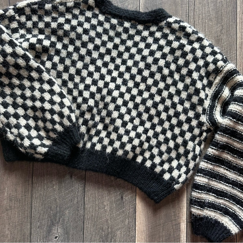 Blu Pepper Multi Pattern Chunky Crop Button Down Sweater