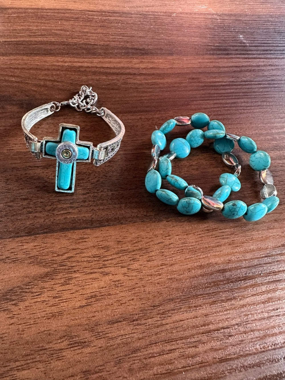 Handmade Cross 9mm Casing End + Faux Turquoise Stone Bracelets