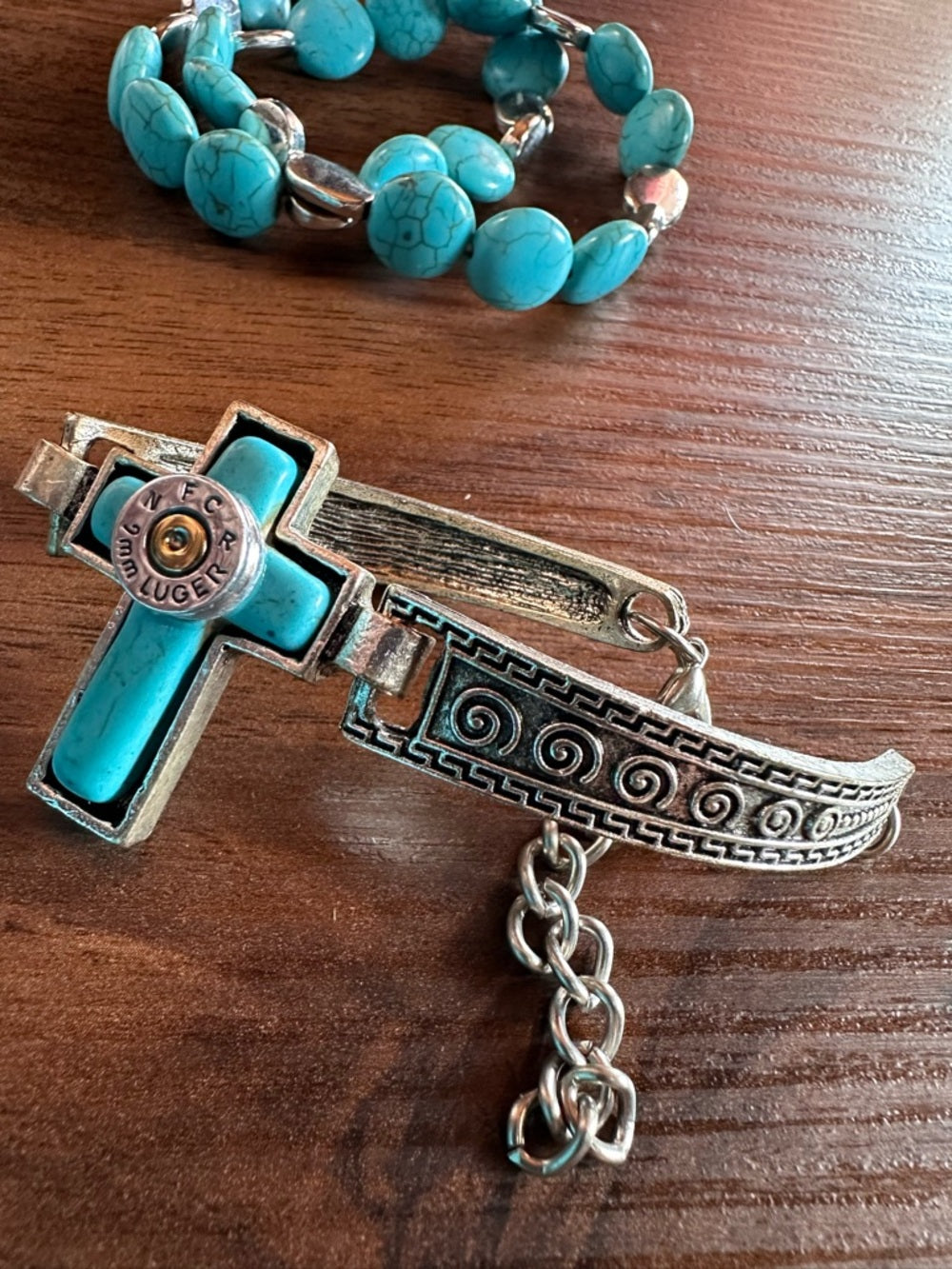 Handmade Cross 9mm Casing End + Faux Turquoise Stone Bracelets