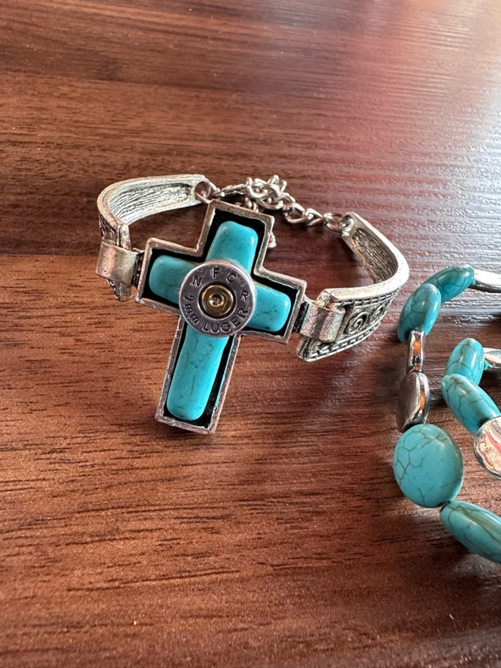 Handmade Cross 9mm Casing End + Faux Turquoise Stone Bracelets