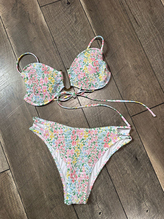 Floral Smocked Mid Rise Bikini