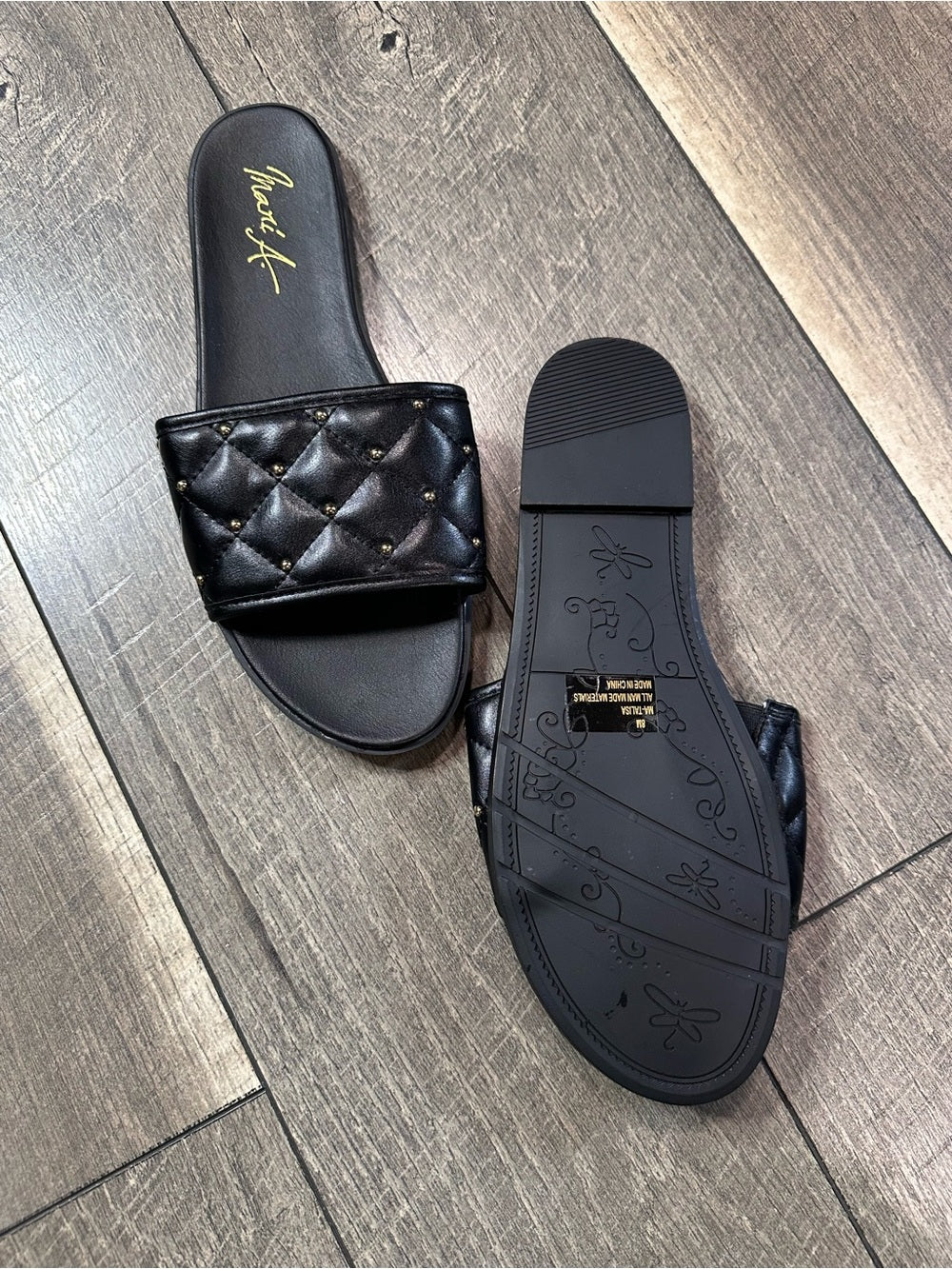 Mari A. Black Talisa Gold Studded Slip On Quilted Sandals