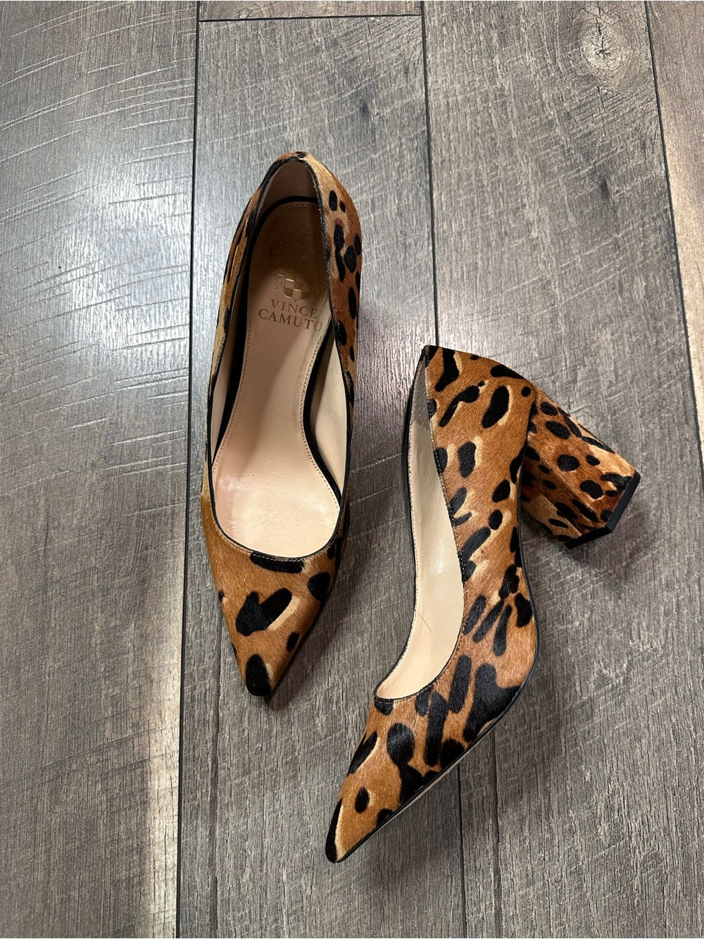 Vince Camuto Frittam Leopard Print Calf Hair Block Heels