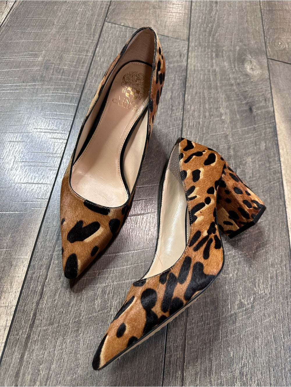 Vince Camuto Frittam Leopard Print Calf Hair Block Heels