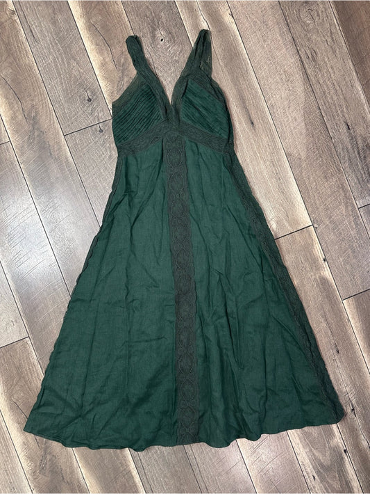 Zara Green Linen French Lace Splicing Midi Dress