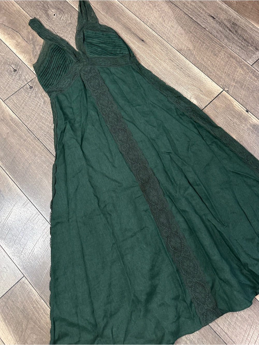 Zara Green Linen French Lace Splicing Midi Dress