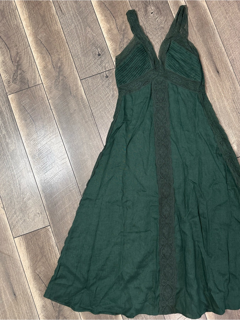 Zara Green Linen French Lace Splicing Midi Dress