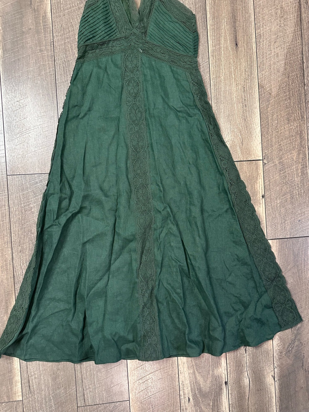 Zara Green Linen French Lace Splicing Midi Dress