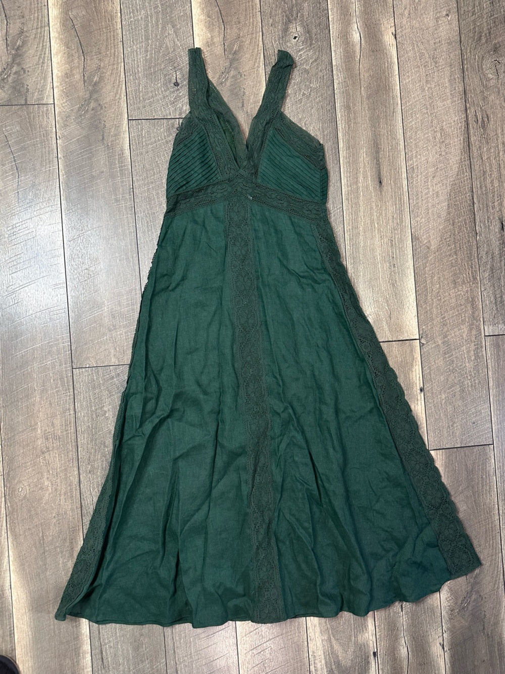 Zara Green Linen French Lace Splicing Midi Dress