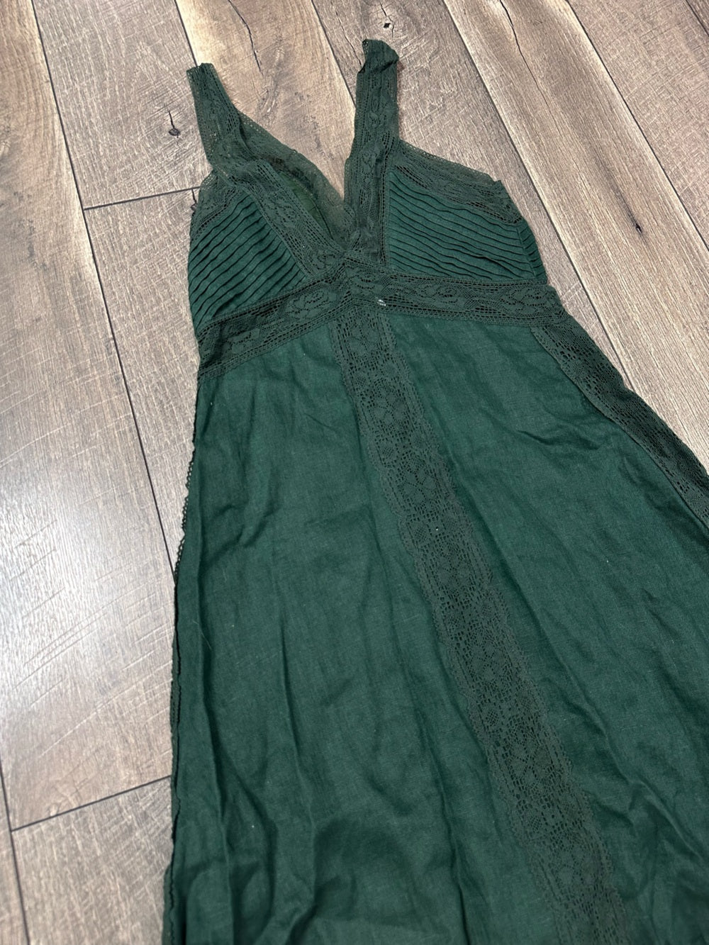 Zara Green Linen French Lace Splicing Midi Dress