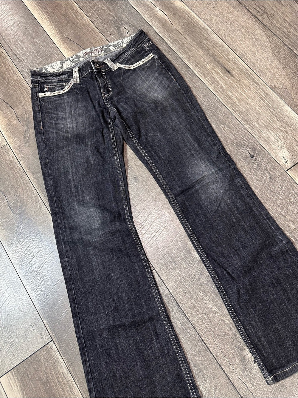 Miss Me Black Wash Lace Trim Low Rise Flare Jeans