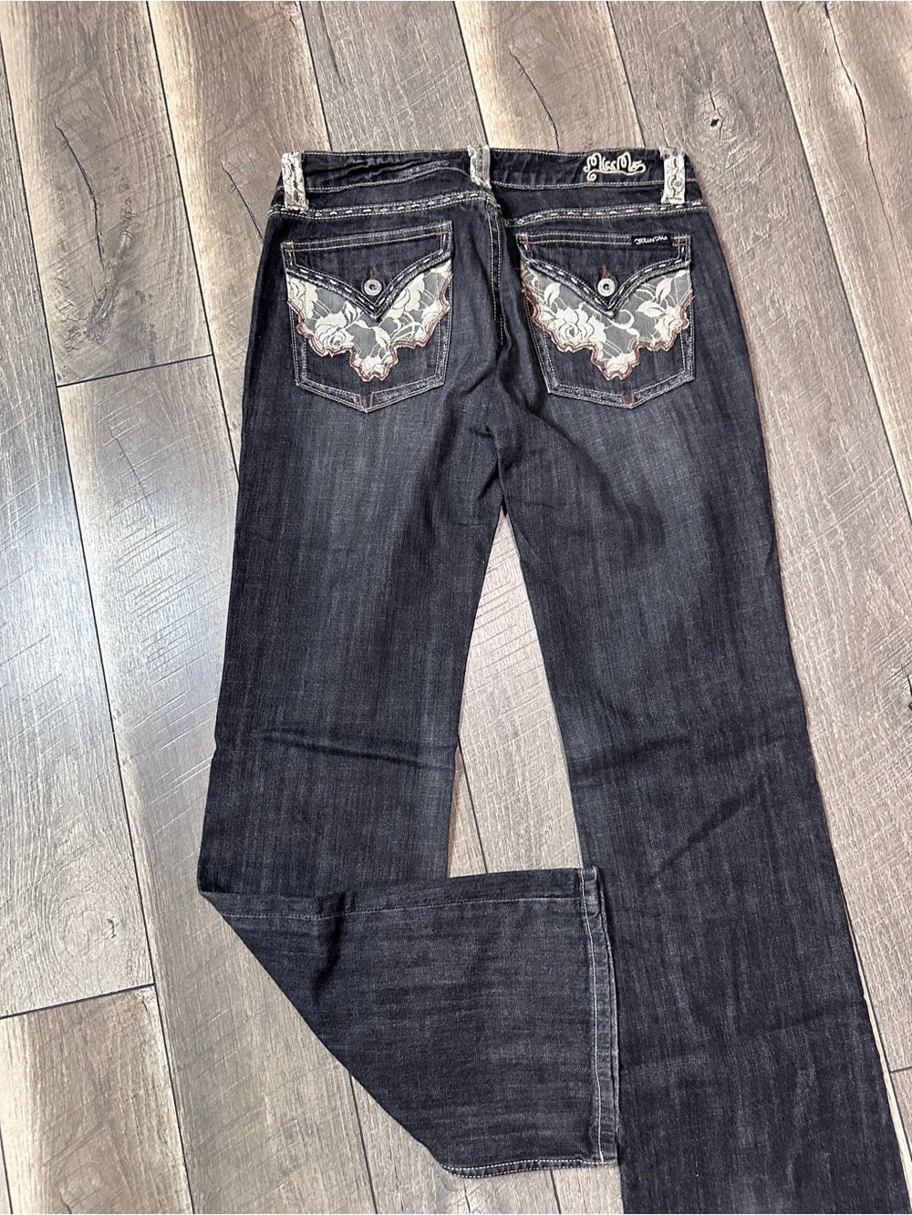 Miss Me Black Wash Lace Trim Low Rise Flare Jeans