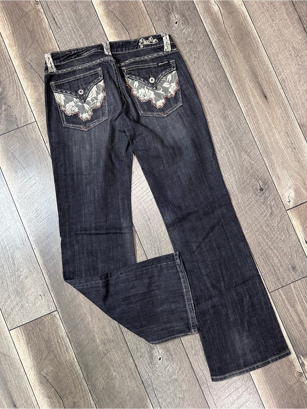 Miss Me Black Wash Lace Trim Low Rise Flare Jeans