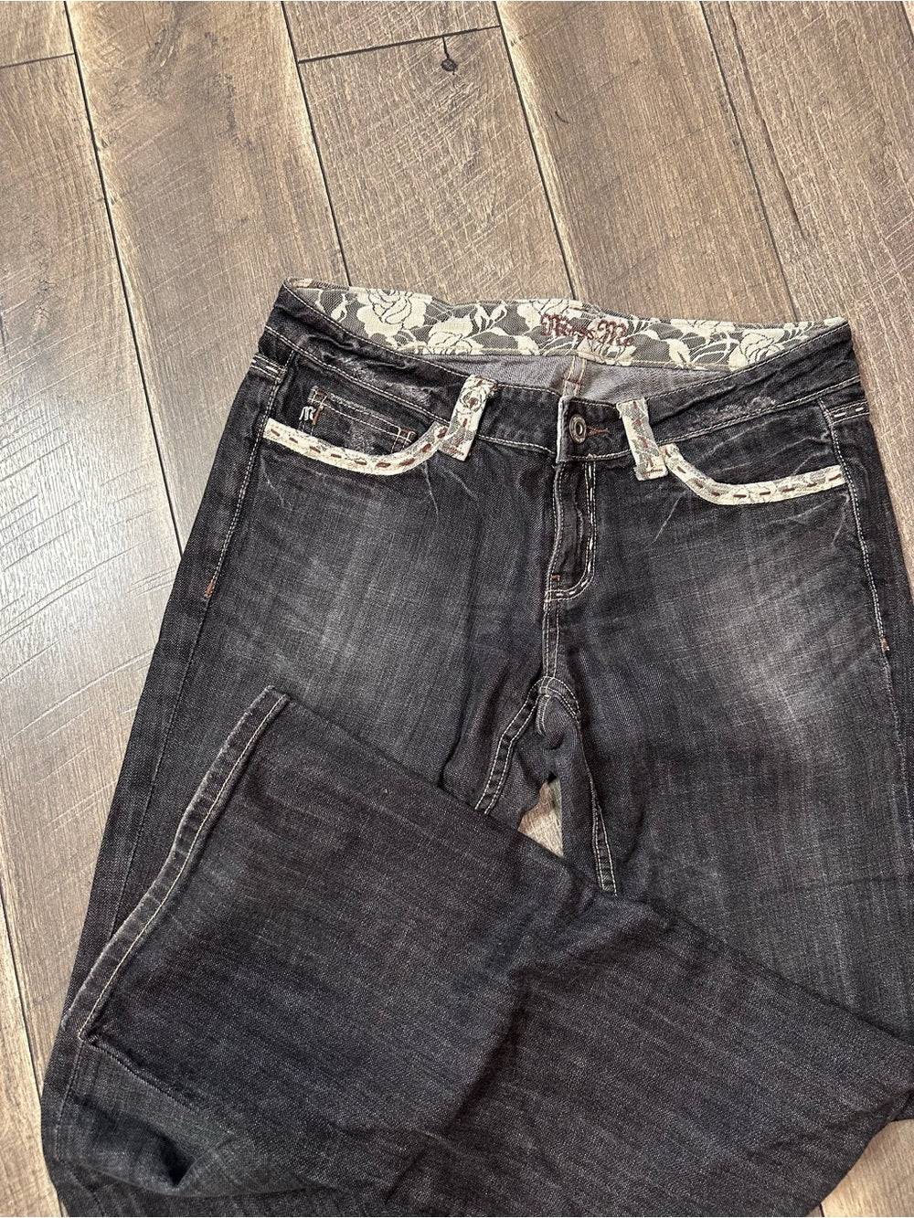 Miss Me Black Wash Lace Trim Low Rise Flare Jeans