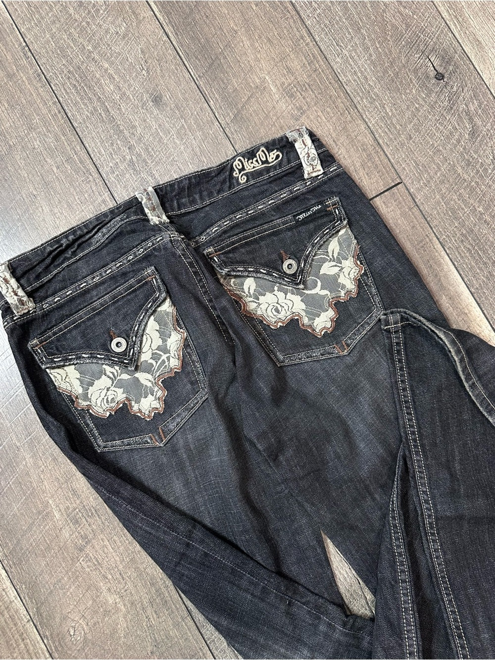 Miss Me Black Wash Lace Trim Low Rise Flare Jeans