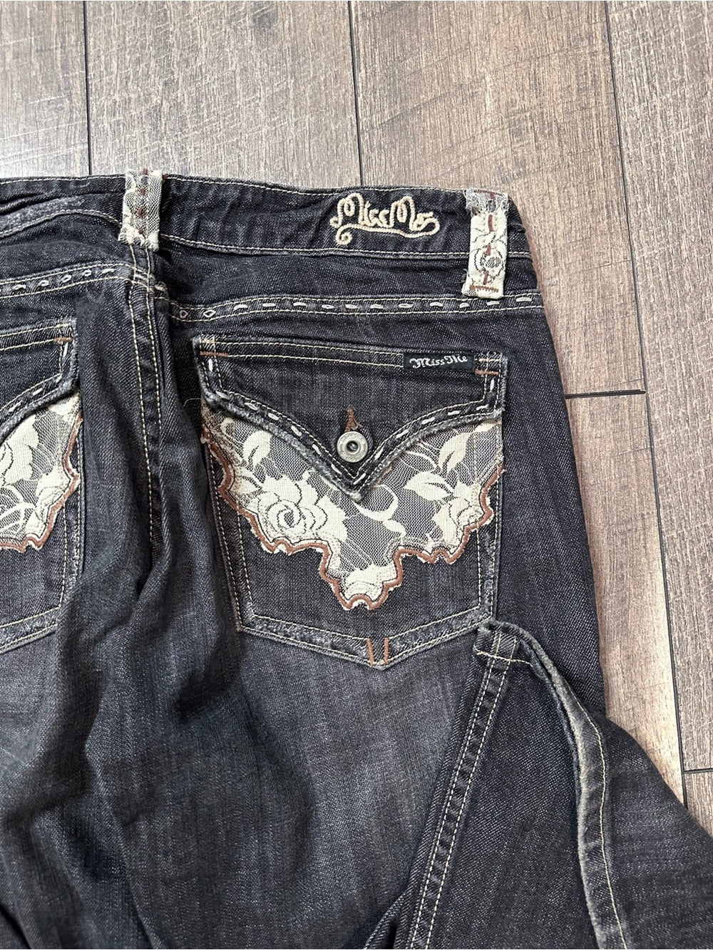 Miss Me Black Wash Lace Trim Low Rise Flare Jeans