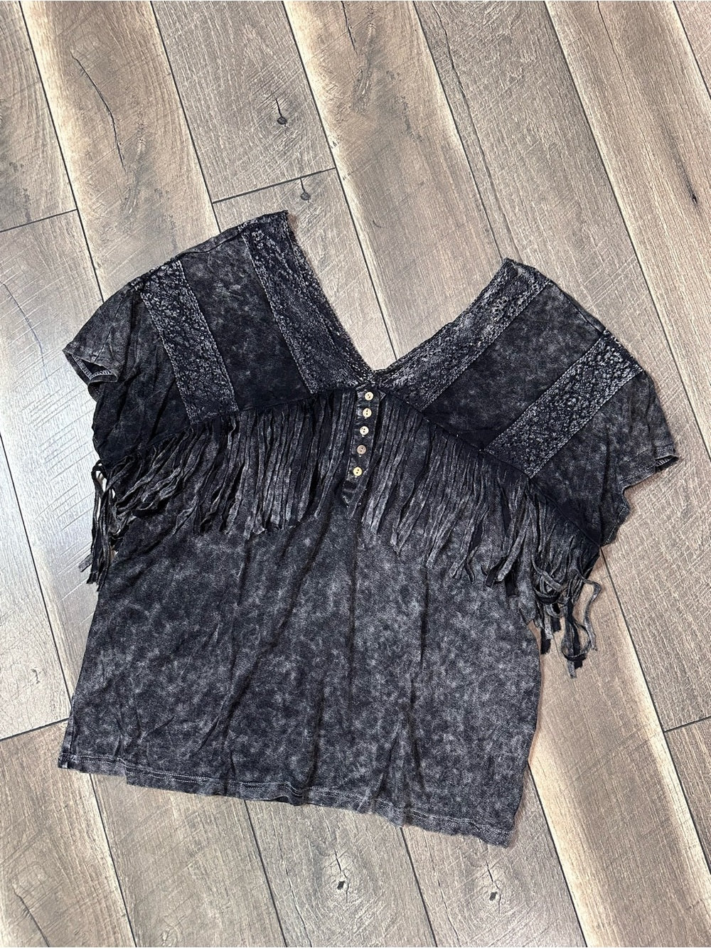 Sterling & Stitch Black Mineral Wash Fringe Top
