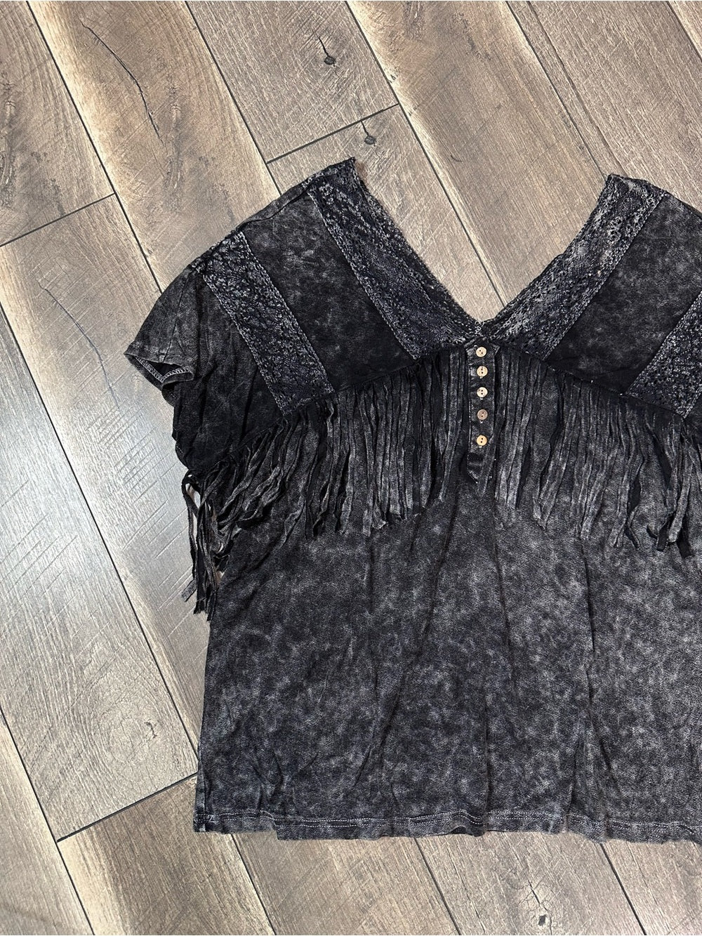Sterling & Stitch Black Mineral Wash Fringe Top