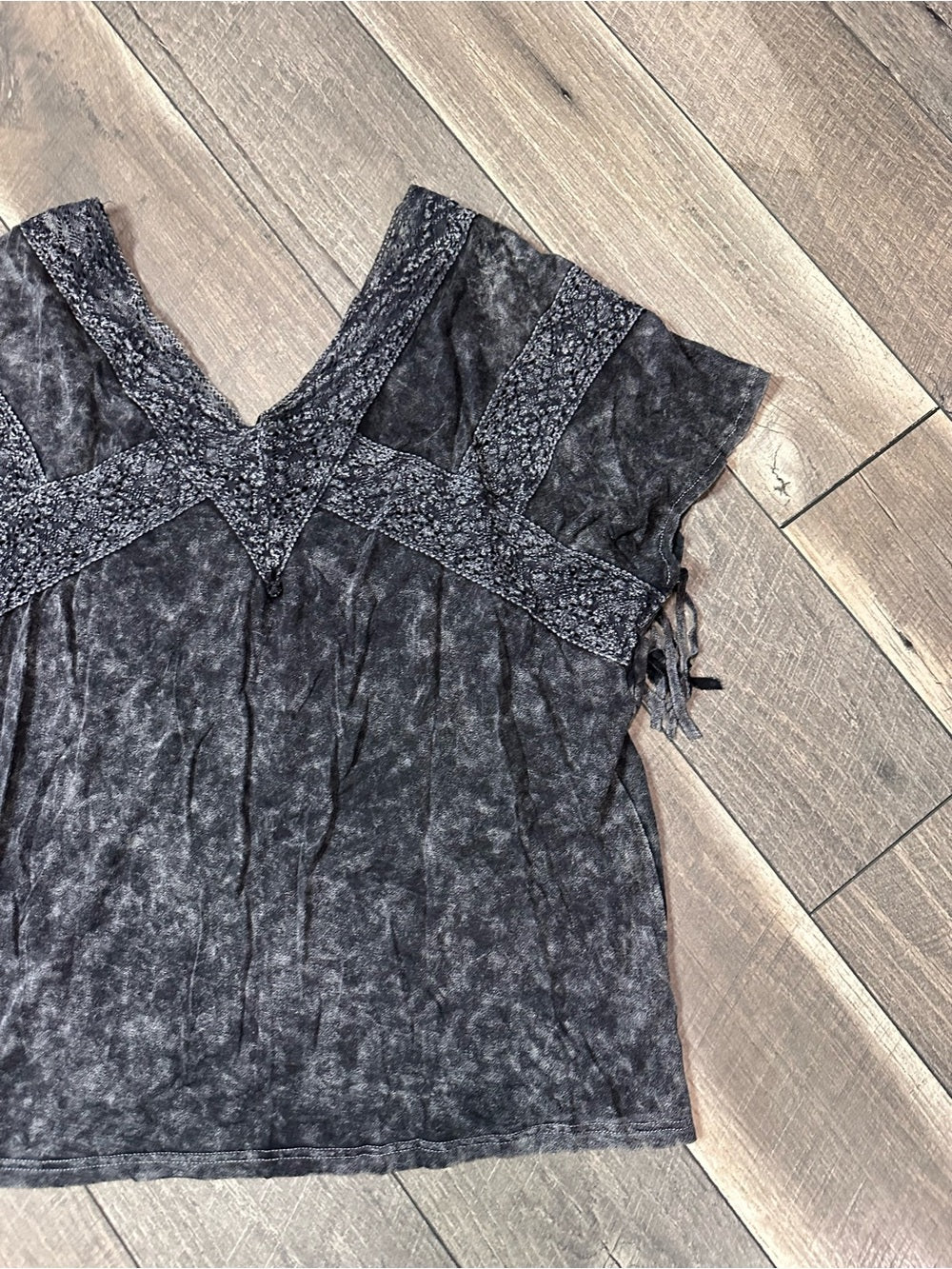 Sterling & Stitch Black Mineral Wash Fringe Top