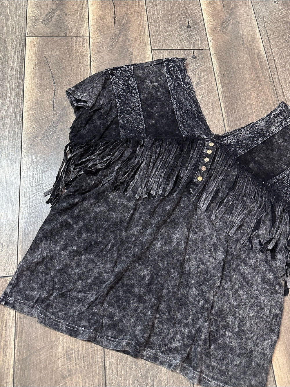 Sterling & Stitch Black Mineral Wash Fringe Top