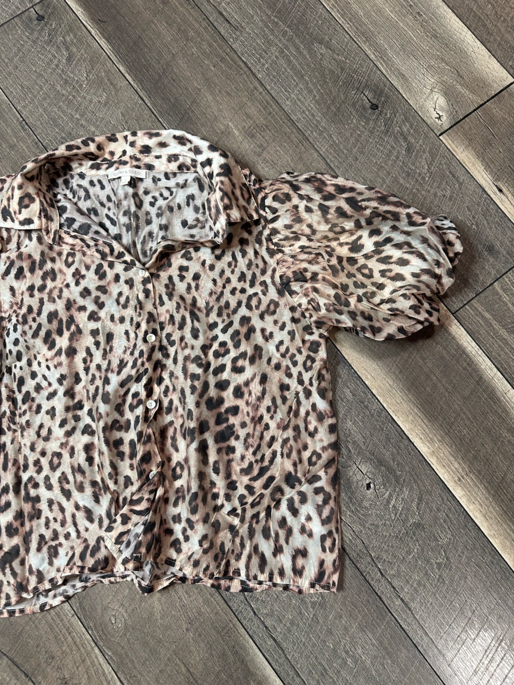 Lucky & Coco Leopard Puff Sleeve Button Down Top