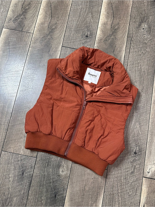 &merci Rust Cropped Puffer Zip Up Vest