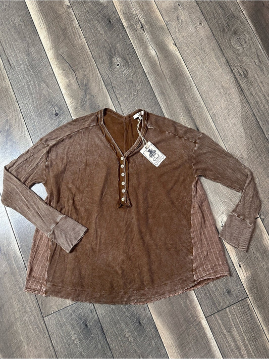 Easel Waffleknit 1/2 Button Long Sleeve Top