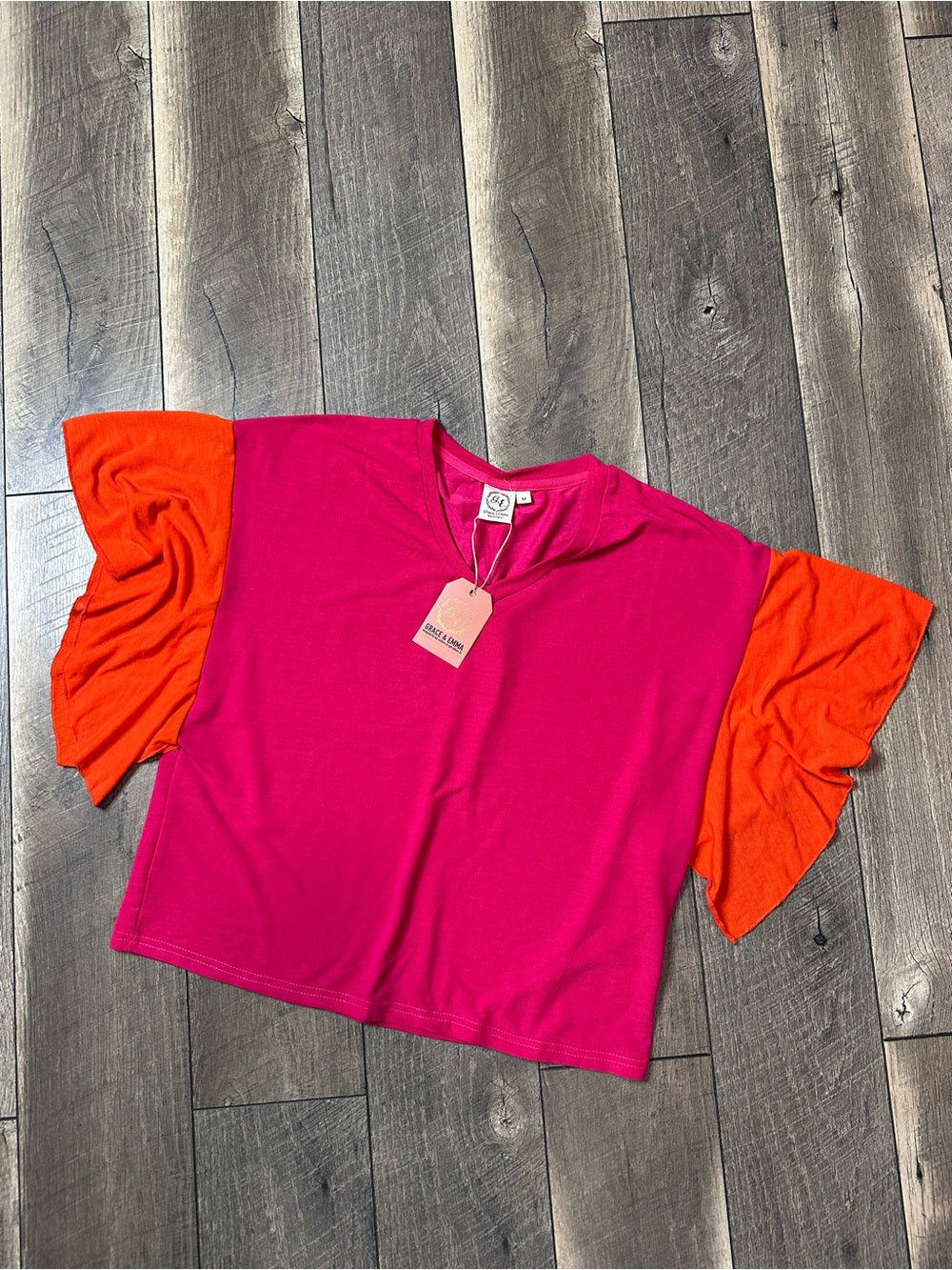 Grace & Emma Flutter Sleeve Color Block Top