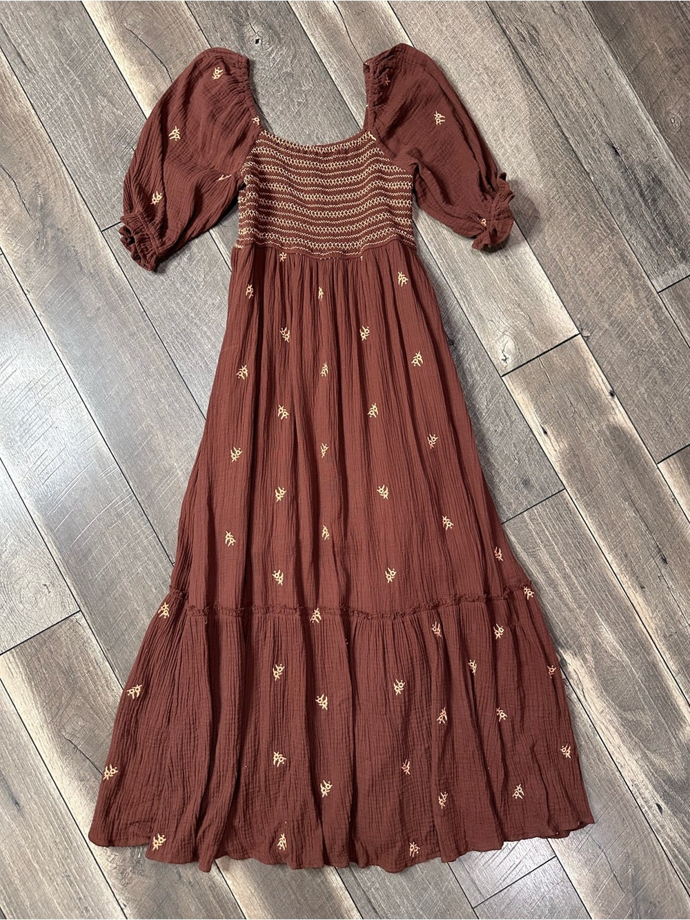 In Loom Brown Gauze Smocked Maxi Dress