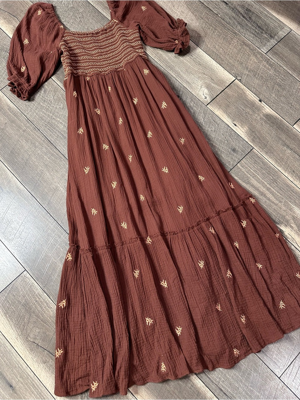 In Loom Brown Gauze Smocked Maxi Dress