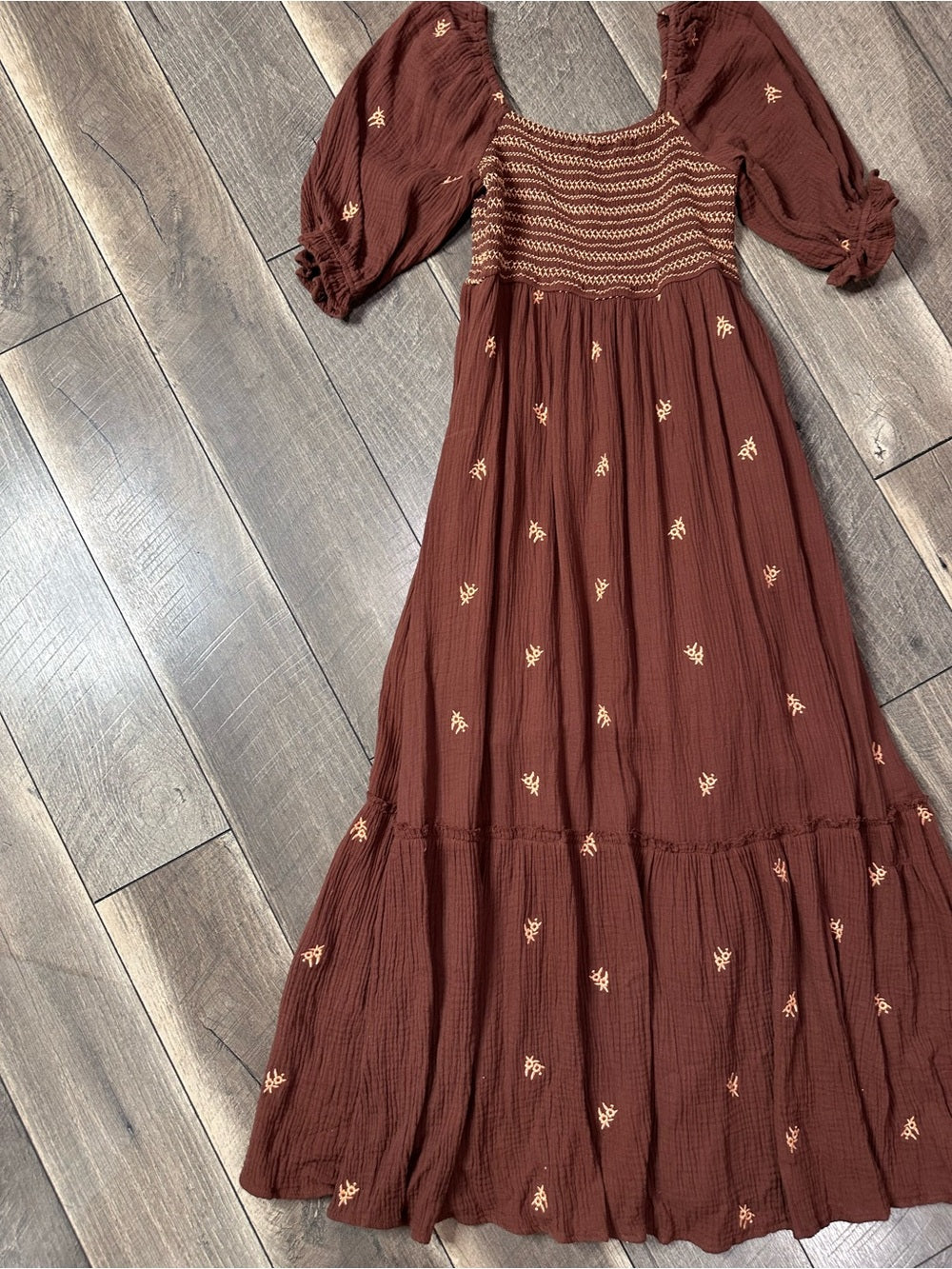 In Loom Brown Gauze Smocked Maxi Dress