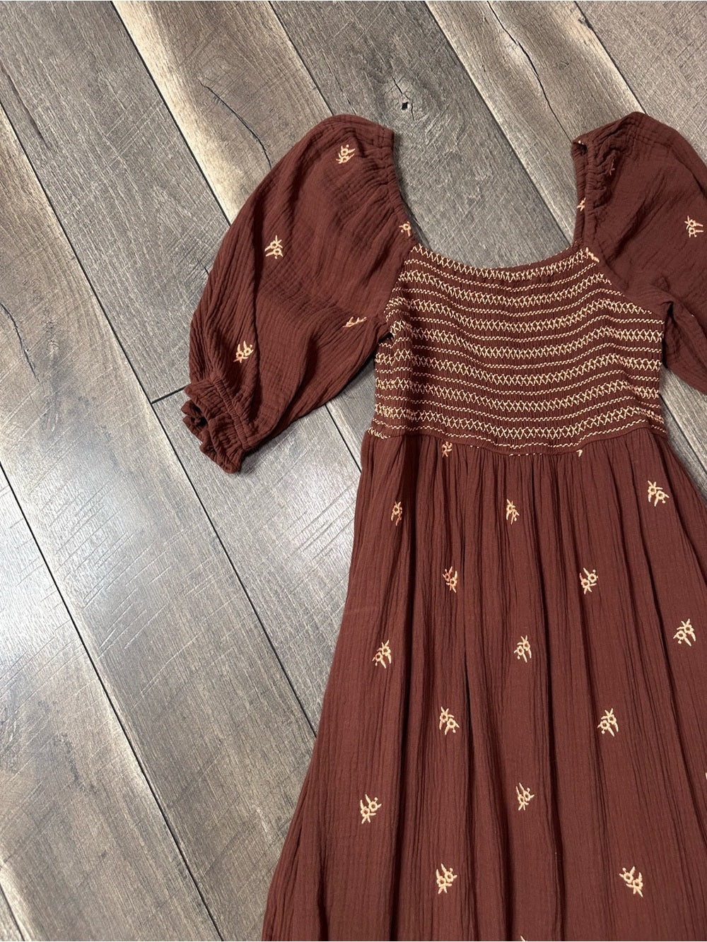 In Loom Brown Gauze Smocked Maxi Dress