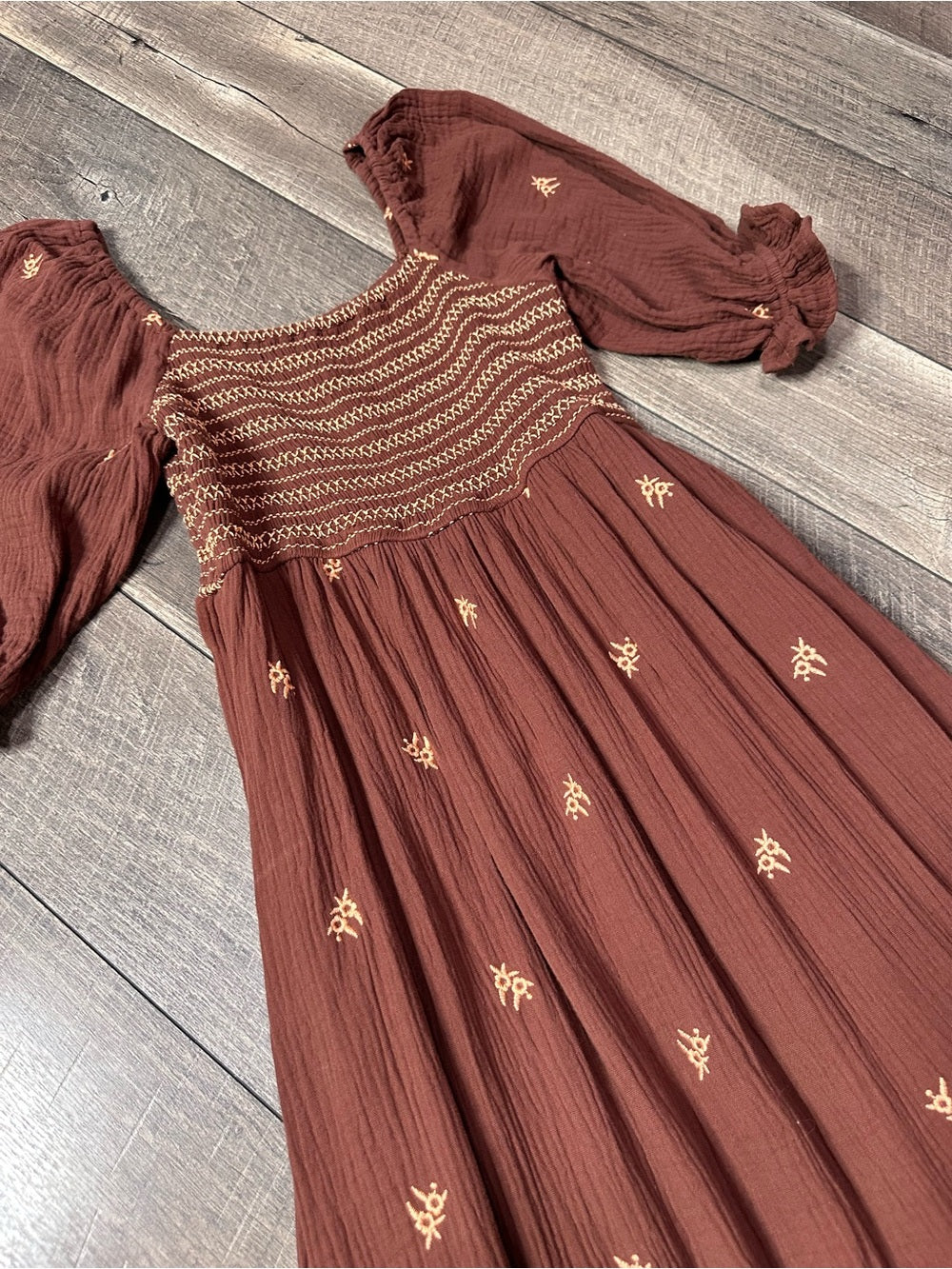 In Loom Brown Gauze Smocked Maxi Dress