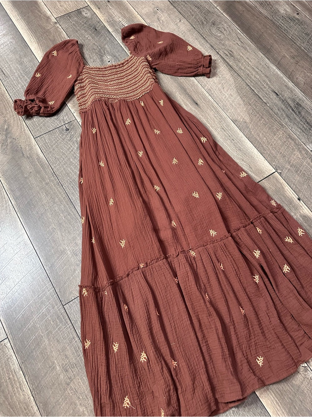 In Loom Brown Gauze Smocked Maxi Dress