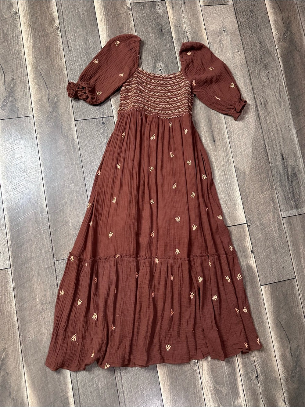 In Loom Brown Gauze Smocked Maxi Dress