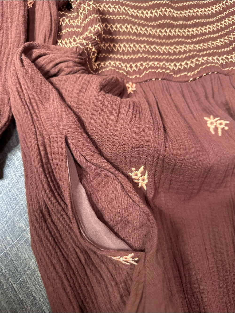 In Loom Brown Gauze Smocked Maxi Dress