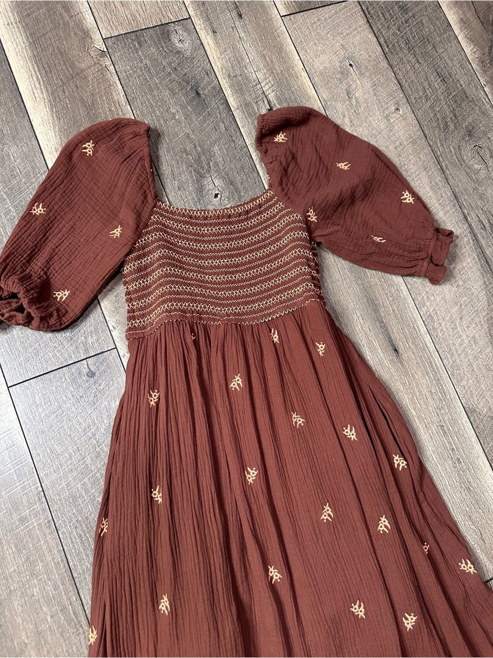 In Loom Brown Gauze Smocked Maxi Dress