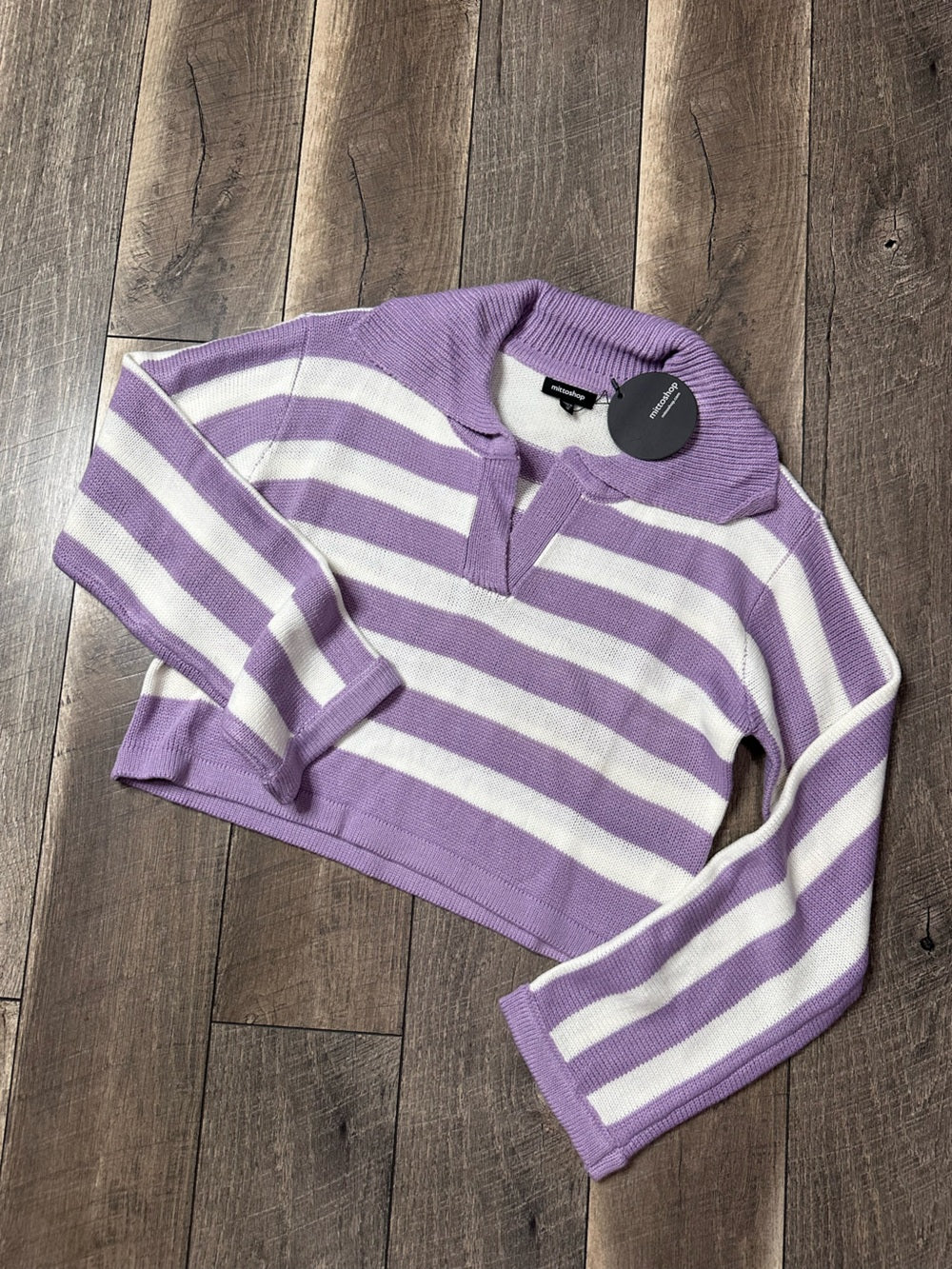 Mittoshop Collared V Neck Oversized Pullover Crop Sweater