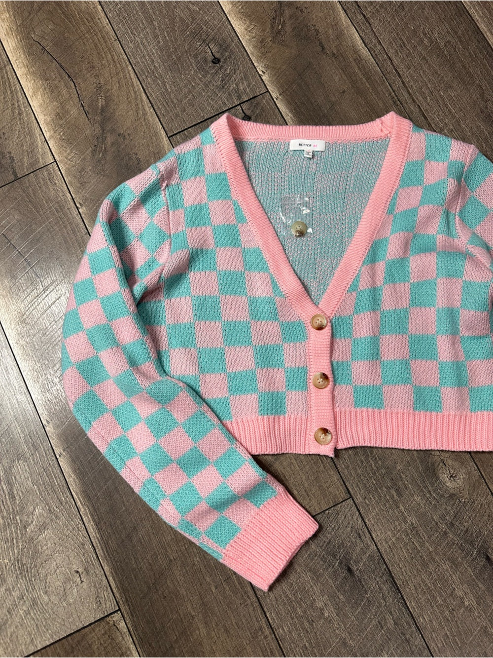 Better Be Crop Cotton Candy Checkered Sweater