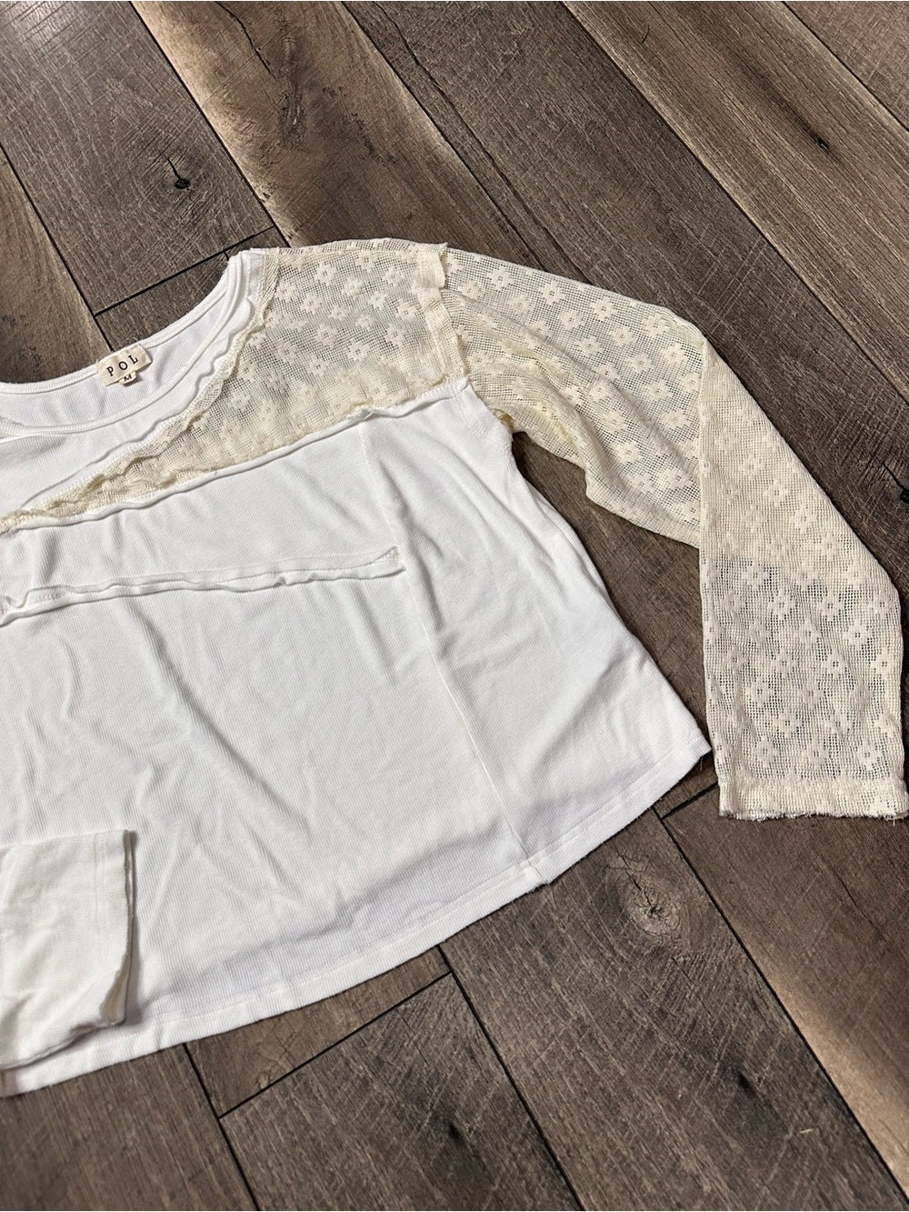 POL Lace/Ribbed Long Sleeve Crop Top