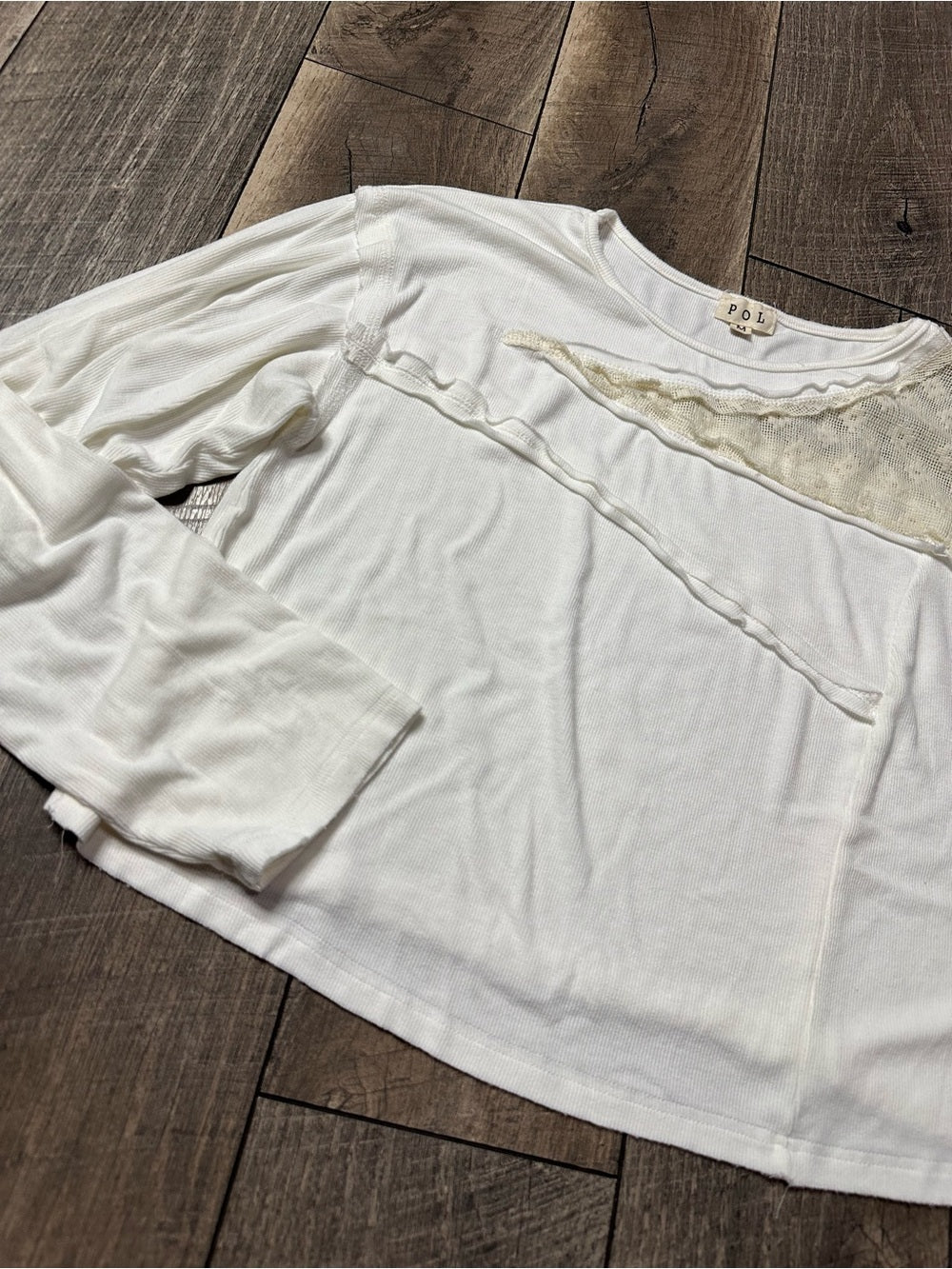 POL Lace/Ribbed Long Sleeve Crop Top