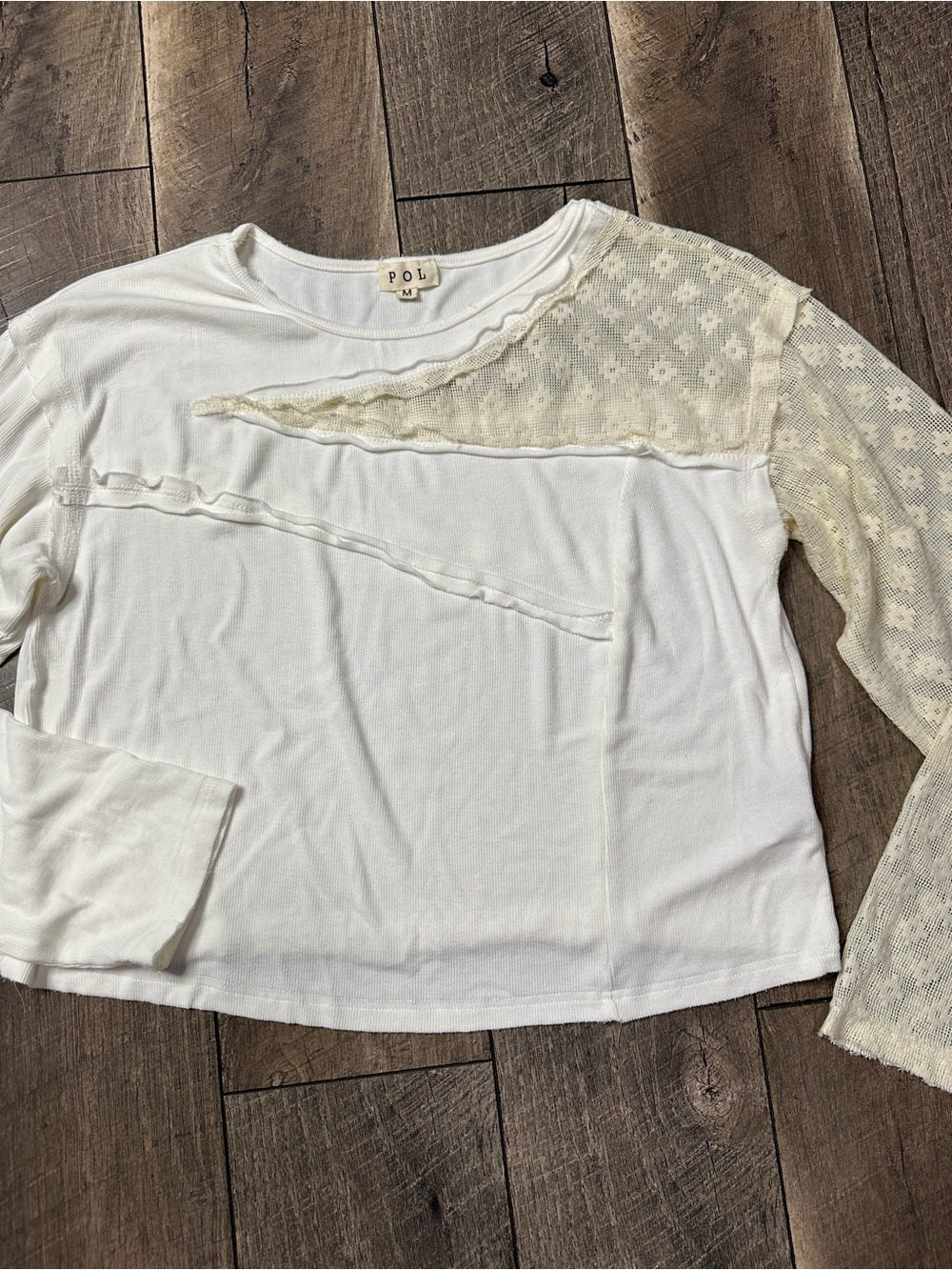 POL Lace/Ribbed Long Sleeve Crop Top